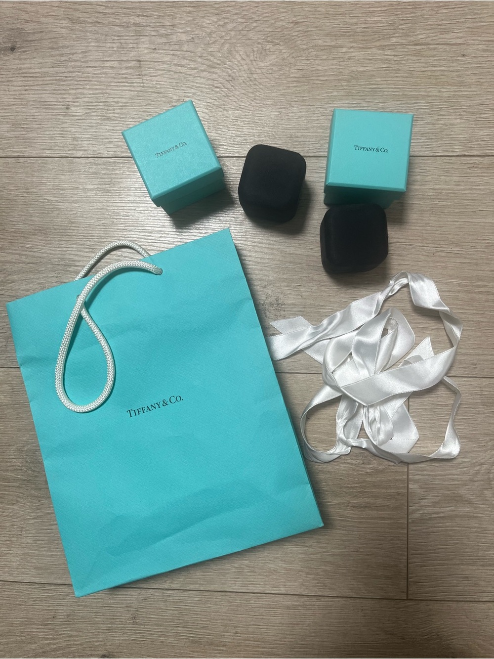 Tiffany & Co. Blue Gift Bag with Boxes, Ring Cases and White Ribbon